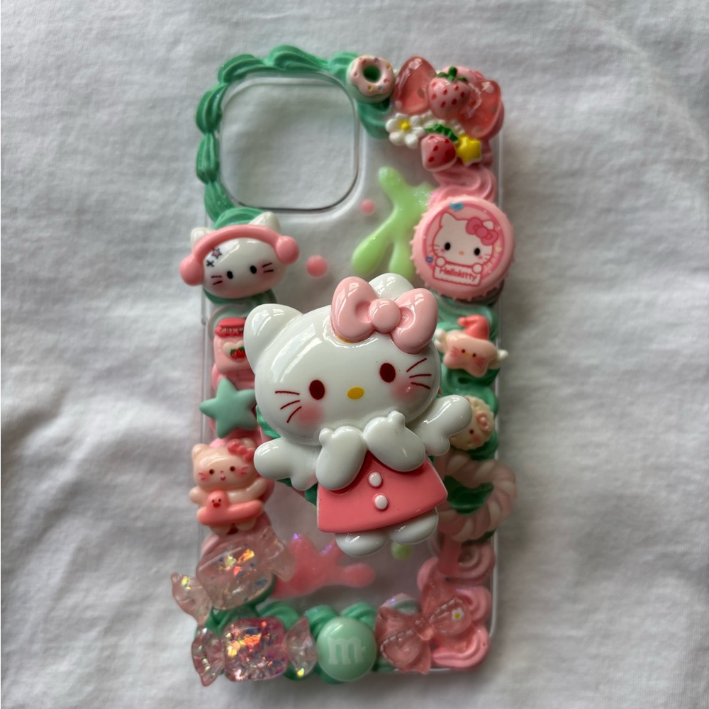 Hello Kitty Pink and Green Decorative Phone Case with pop grip